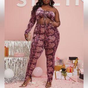 Womens One Shoulder Ruched Drawstring Animal Print Jumpsuit - Plus Size 3X